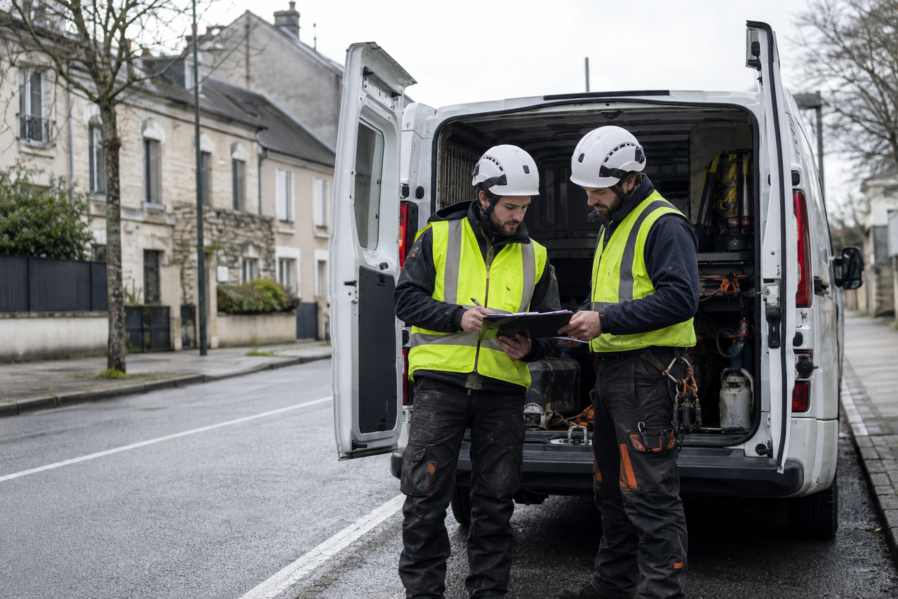 Deux élagueurs en gilets haute visibilité et casques consultant un carnet de relevés à l'arrière du fourgon