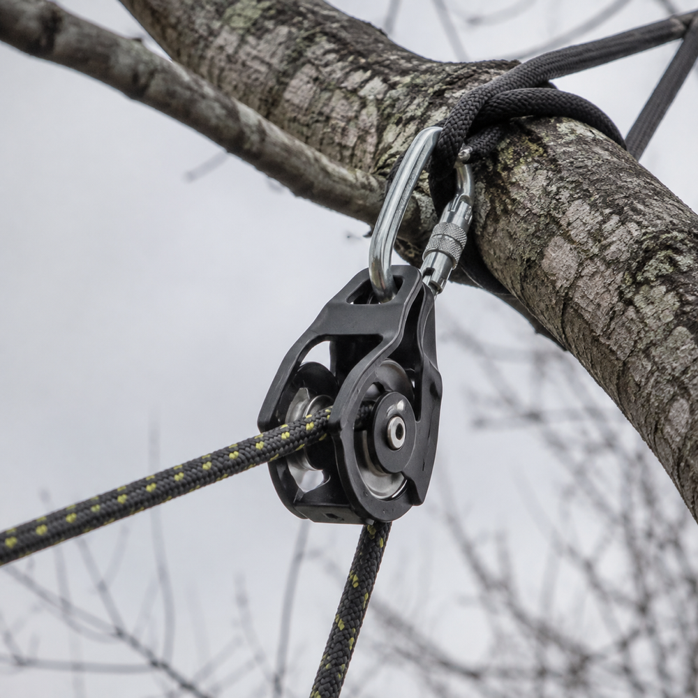 Moufle noire fixée sur une branche, corde de renvoi et mousqueton acier sur fond de ciel pâle